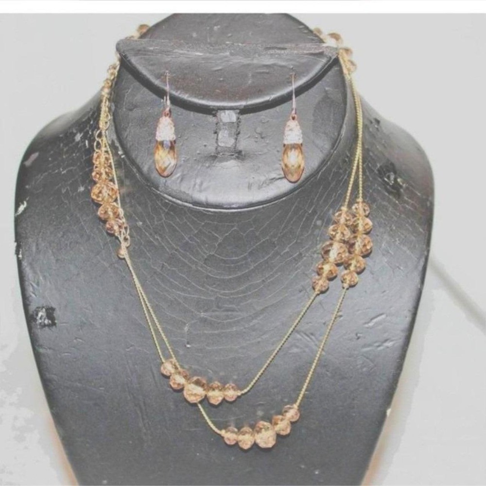 Champagne Crystal Station Necklace & Teardrop Earrings Jewelry Set Gold Tone